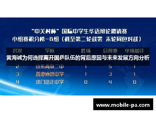 黄海诚为何选择离开国乒队伍的背后原因与未来发展方向分析 黄海诚为何选择离开国乒队伍的背后原因与未来发展方向分析