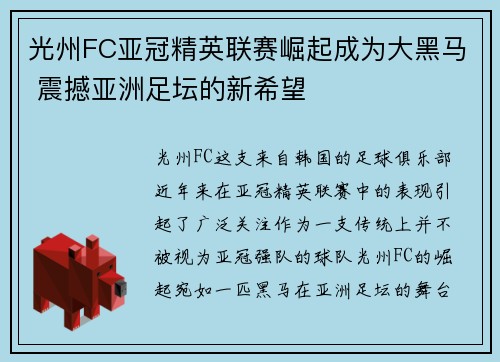 光州FC亚冠精英联赛崛起成为大黑马 震撼亚洲足坛的新希望