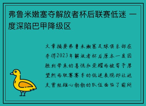 弗鲁米嫩塞夺解放者杯后联赛低迷 一度深陷巴甲降级区 弗鲁米嫩塞夺解放者杯后联赛低迷 一度深陷巴甲降级区